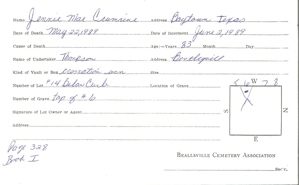 Jennie Mae Crumrine burial card